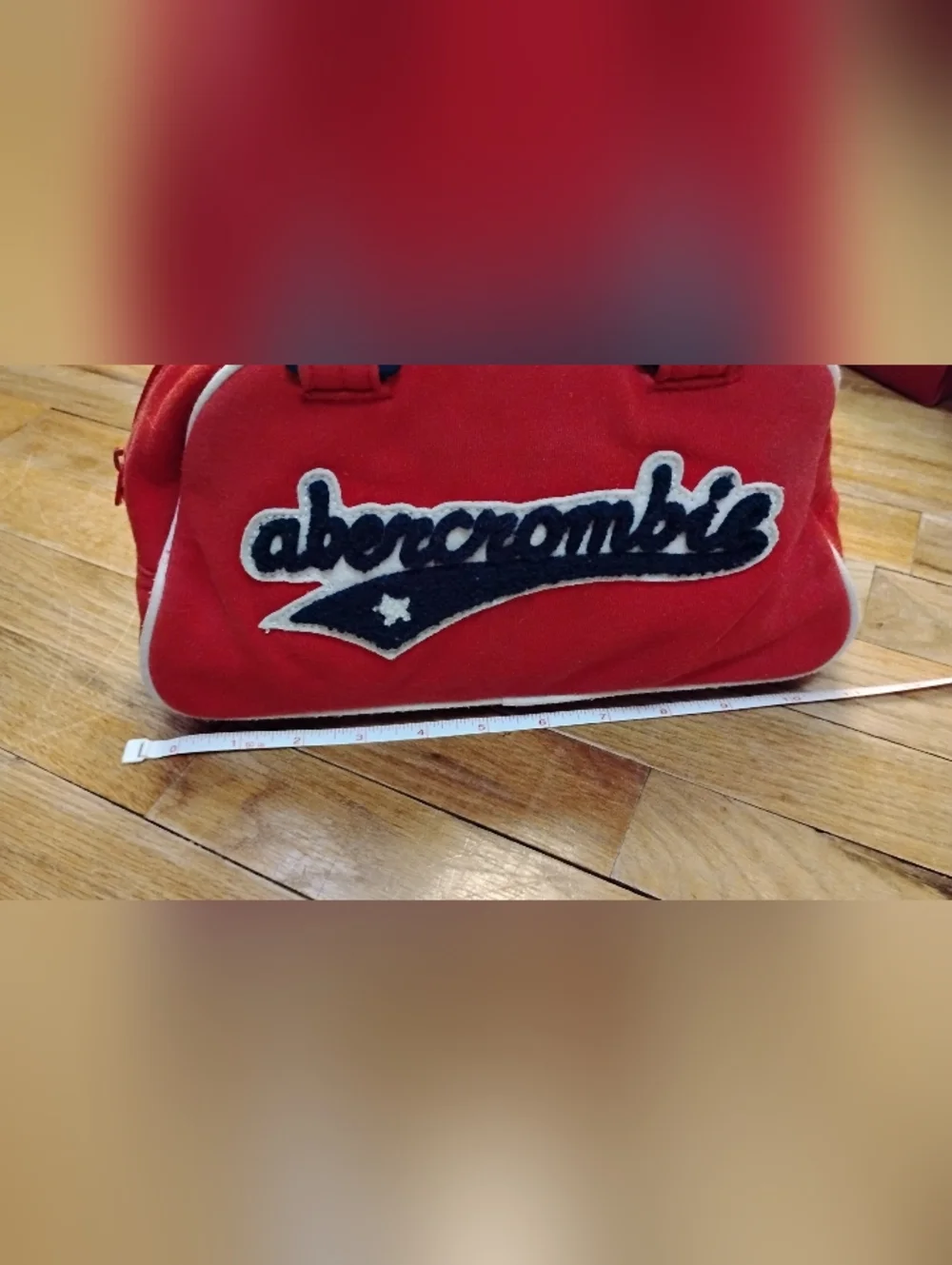 Vintage Abercrombie Shoulder Bag. Red Fabric. Varsity Style Blue Letters.